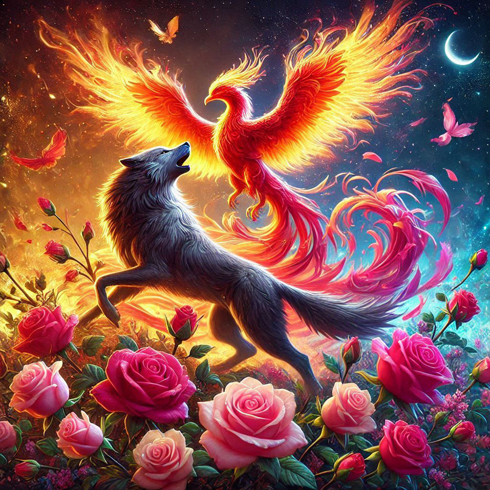Phoenix And Wolf In Rose Field - Full Round Drill Diamond Painting 40*40CM