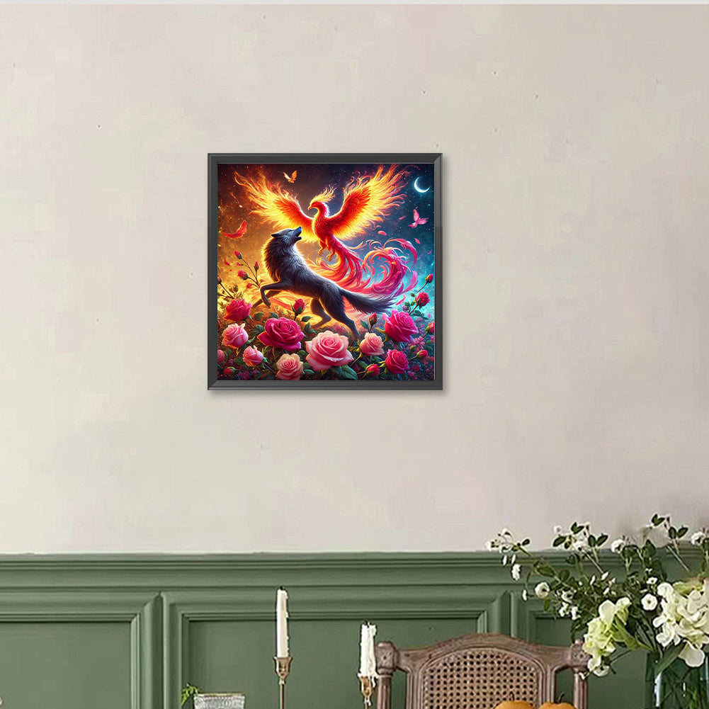 Phoenix And Wolf In Rose Field - Full Round Drill Diamond Painting 40*40CM