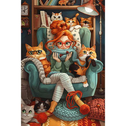 Cat And Girl - Full Round Drill Diamond Painting 40*60CM