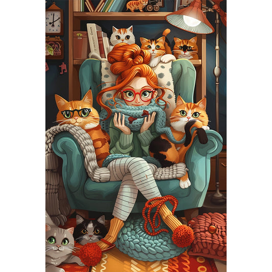Cat And Girl - Full Round Drill Diamond Painting 40*60CM