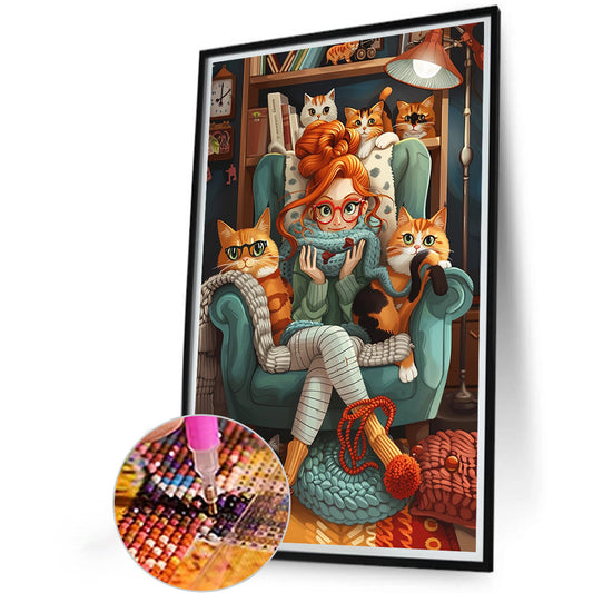 Cat And Girl - Full Round Drill Diamond Painting 40*60CM