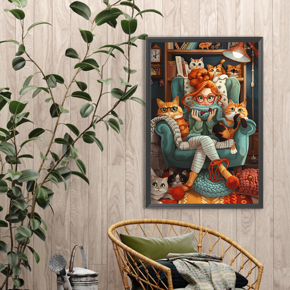 Cat And Girl - Full Round Drill Diamond Painting 40*60CM