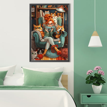 Cat And Girl - Full Round Drill Diamond Painting 40*60CM