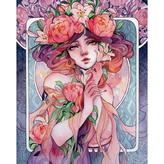 Pink Flower Girl - Full Round Drill Diamond Painting 40*50CM