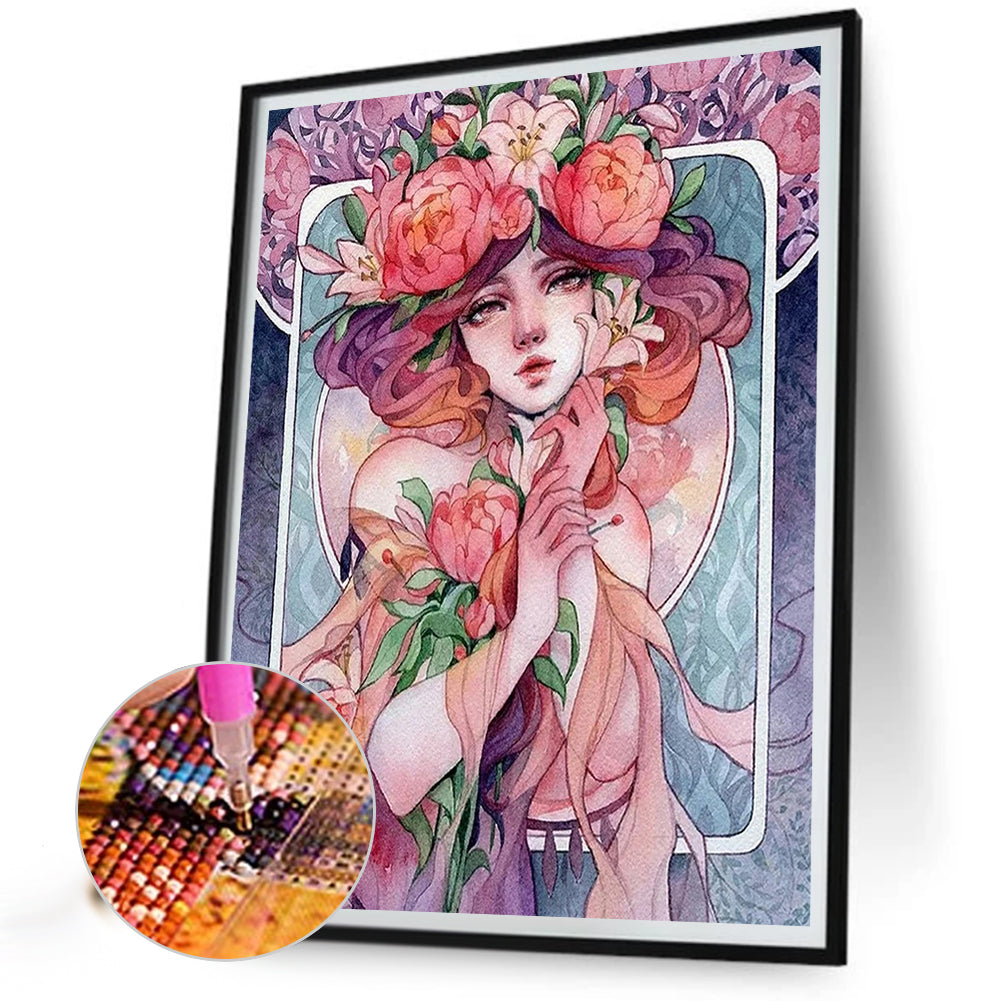 Pink Flower Girl - Full Round Drill Diamond Painting 40*50CM