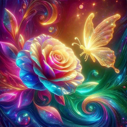 Rose And Glowing Butterfly - Full Round Drill Diamond Painting 30*30CM