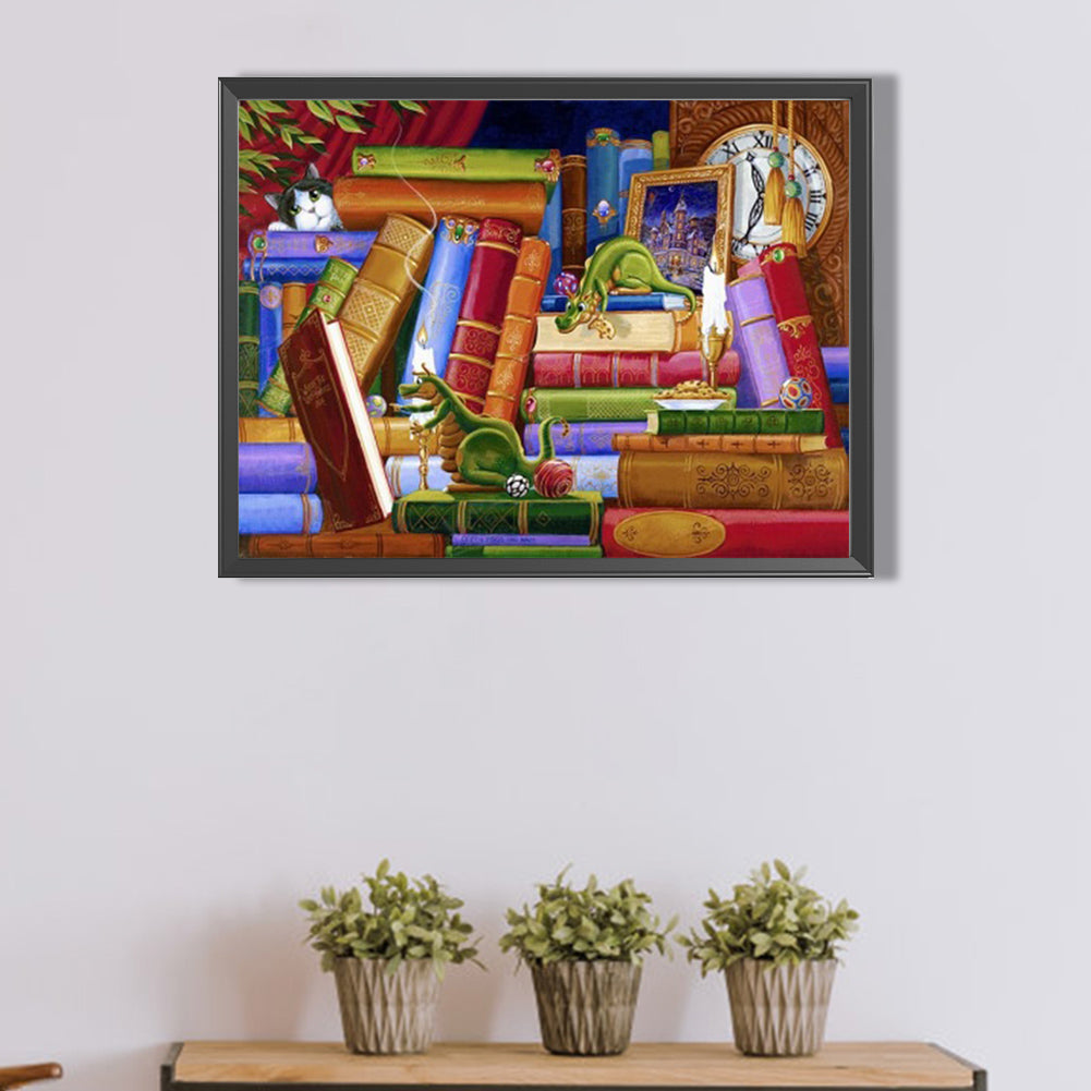 Dragon On Bookshelf - Full AB Square Drill Diamond Painting 40*30CM