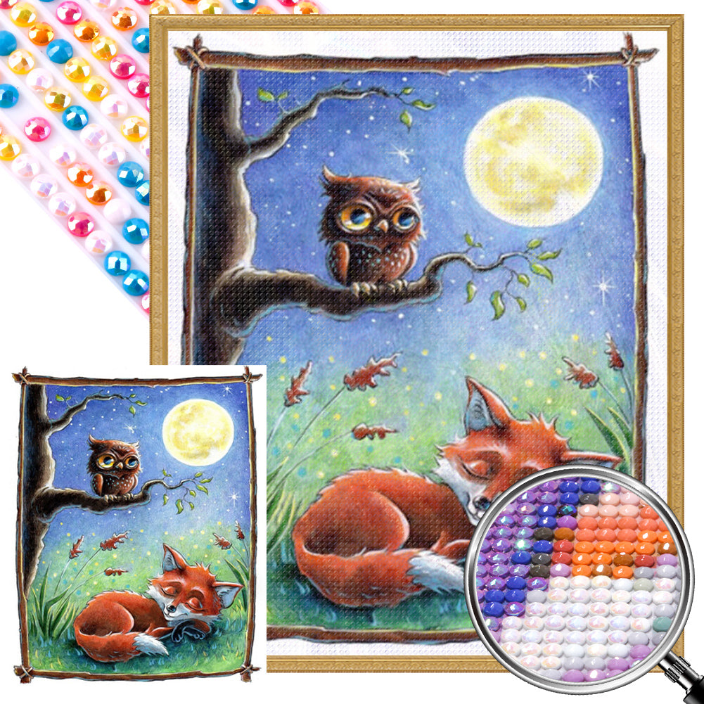 Owl And Fox Under The Moon - Full AB Round Drill Diamond Painting 40*50CM