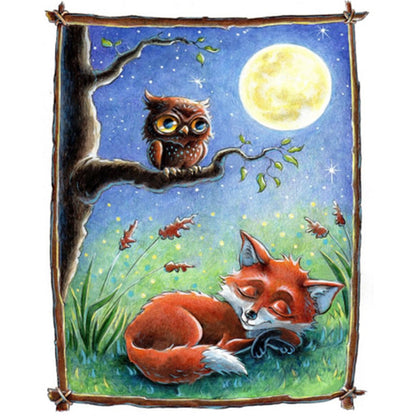 Owl And Fox Under The Moon - Full AB Round Drill Diamond Painting 40*50CM