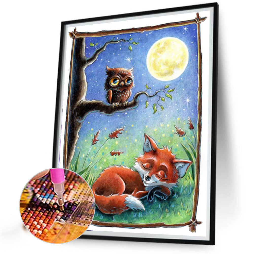 Owl And Fox Under The Moon - Full AB Round Drill Diamond Painting 40*50CM