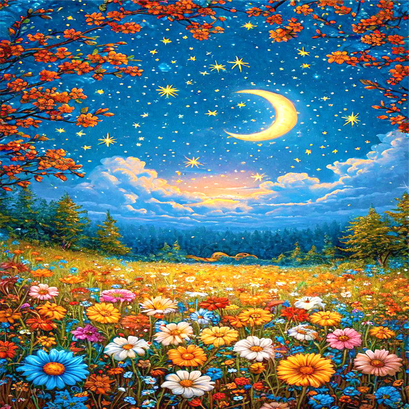 Flower Sea Scenery Under The Moon - Full AB Round Drill Diamond Painting 40*70CM