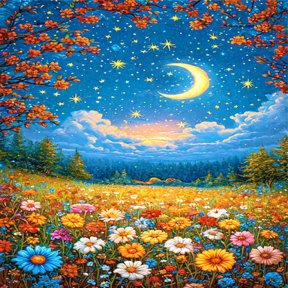 Flower Sea Scenery Under The Moon - Full AB Round Drill Diamond Painting 40*70CM