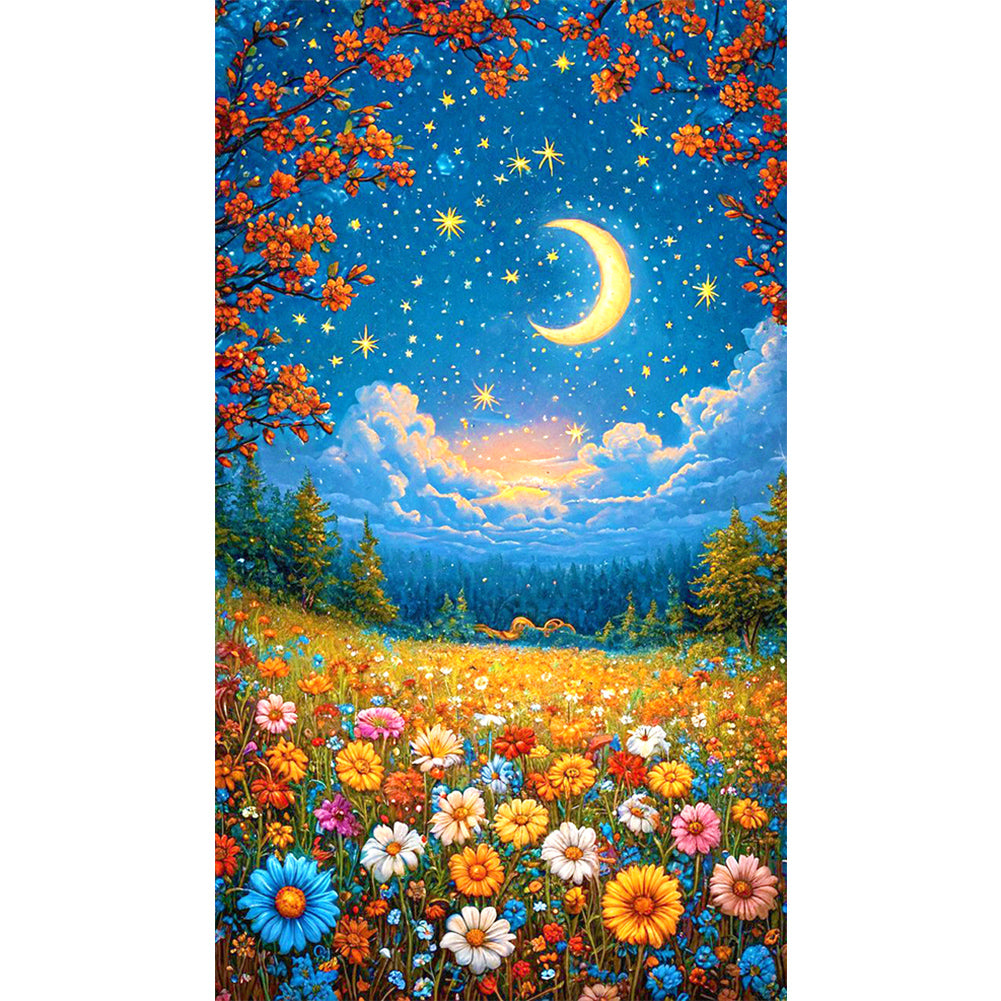 Flower Sea Scenery Under The Moon - Full AB Round Drill Diamond Painting 40*70CM