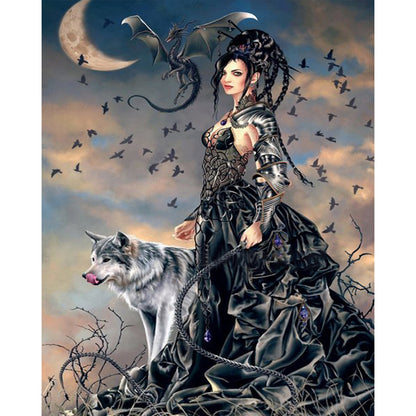 Moon Cool Girl And Wolf - Full Round Drill Diamond Painting 40*50CM
