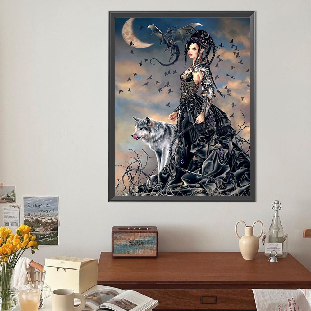Moon Cool Girl And Wolf - Full Round Drill Diamond Painting 40*50CM