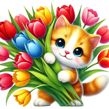 Cat And Tulip - Full Round Drill Diamond Painting 40*40CM