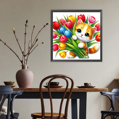 Cat And Tulip - Full Round Drill Diamond Painting 40*40CM
