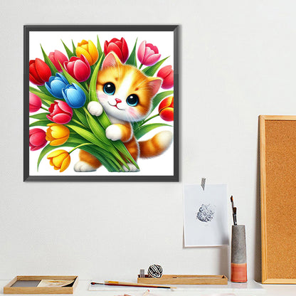 Cat And Tulip - Full Round Drill Diamond Painting 40*40CM