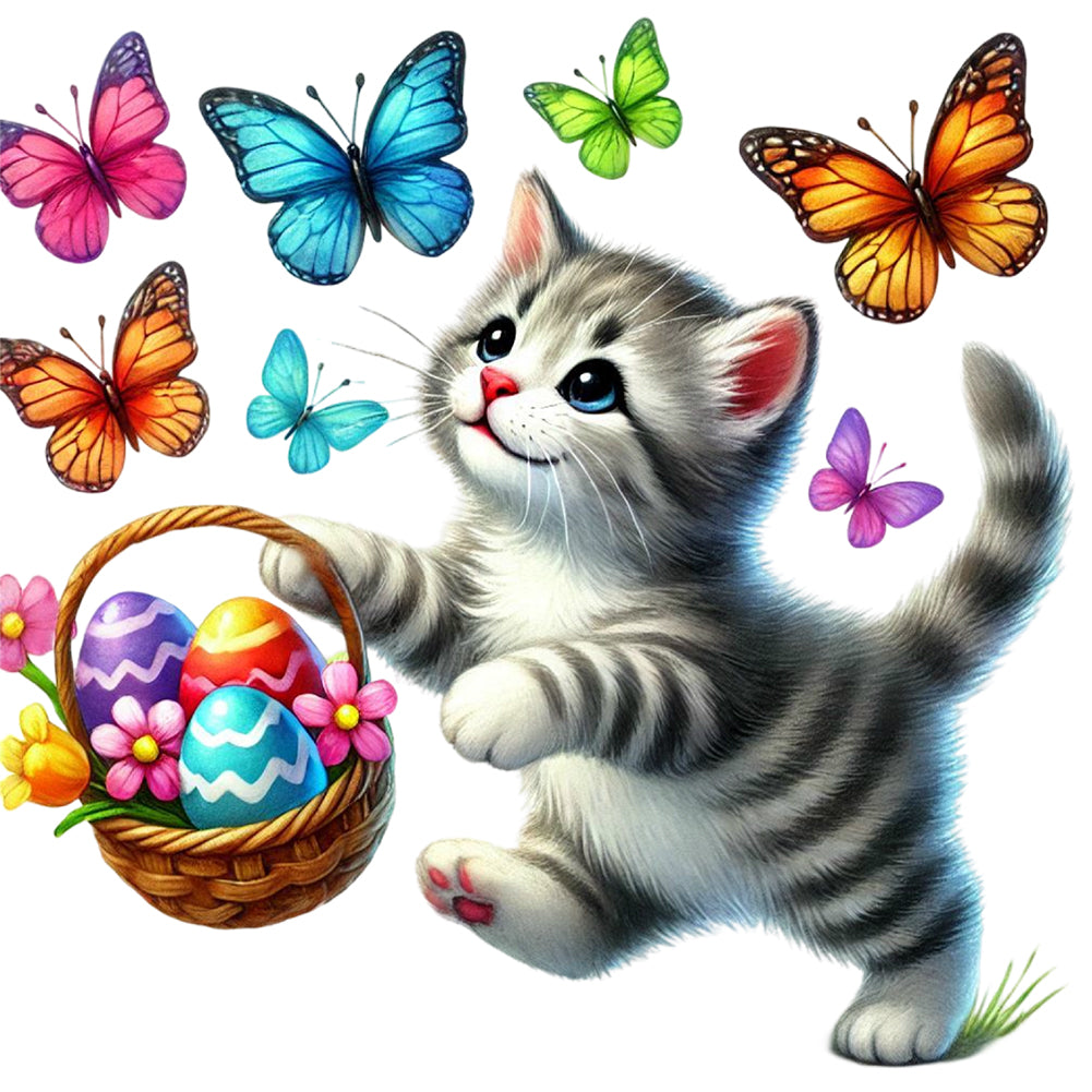 Cat Chasing Butterflies - Full Round Drill Diamond Painting 40*40CM