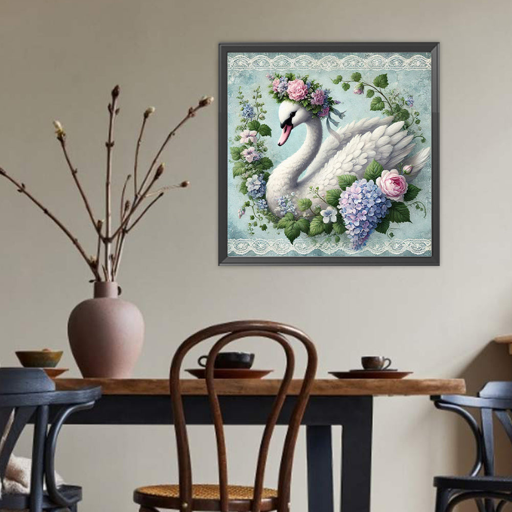 White Swans In Flowers - Full Round Drill Diamond Painting 40*40CM