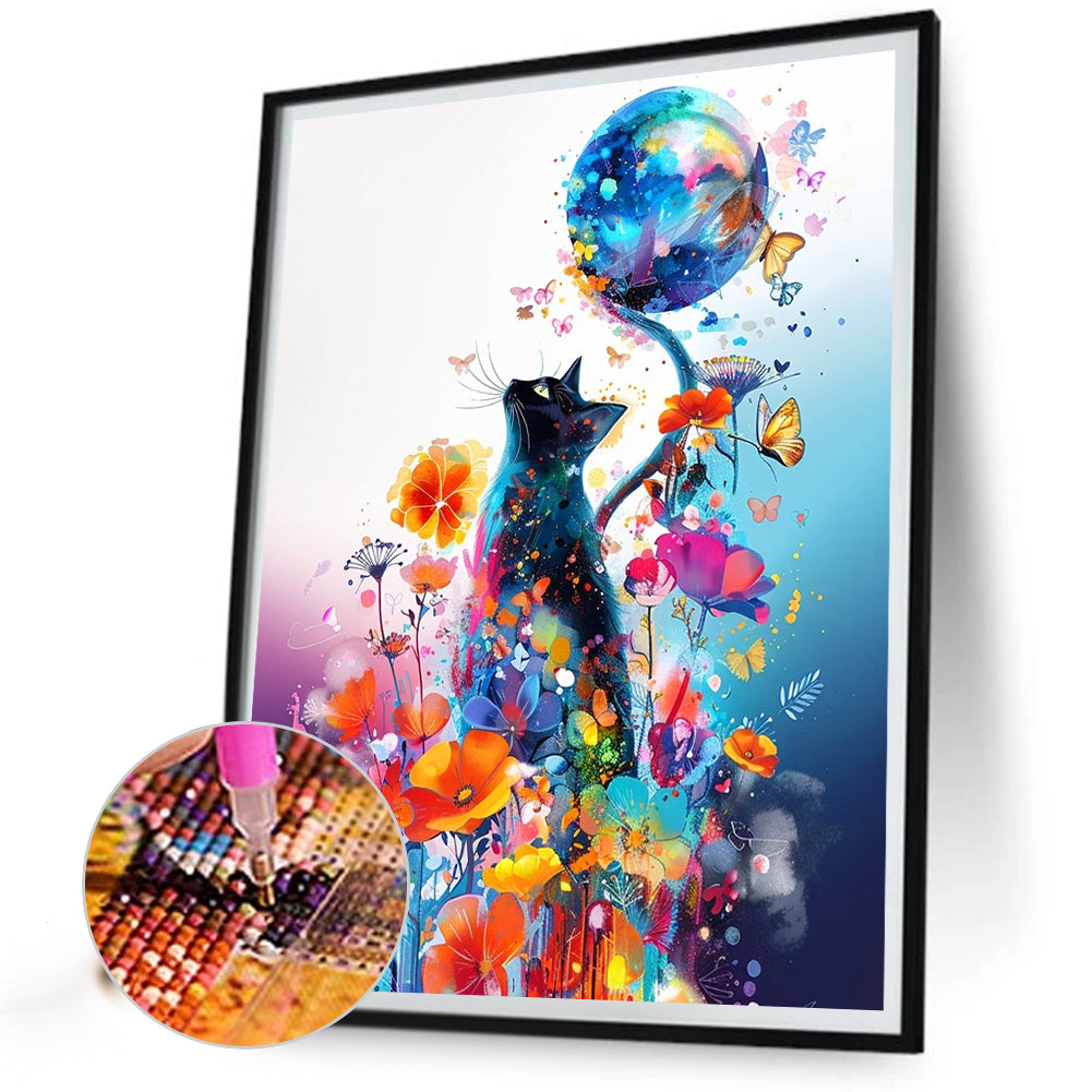 Black Cats In Flowers - Full Round Drill Diamond Painting 40*50CM