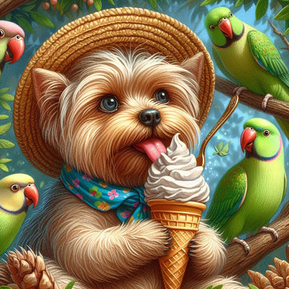Yorkshire Parrots In Summer Straw Hats And Ice Cream - Full Round Drill Diamond Painting 30*30CM