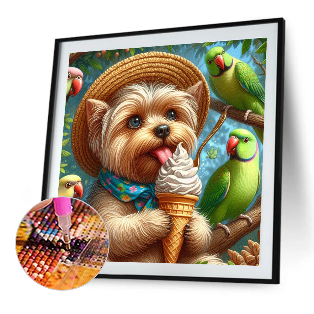 Yorkshire Parrots In Summer Straw Hats And Ice Cream - Full Round Drill Diamond Painting 30*30CM