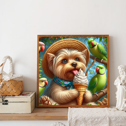 Yorkshire Parrots In Summer Straw Hats And Ice Cream - Full Round Drill Diamond Painting 30*30CM