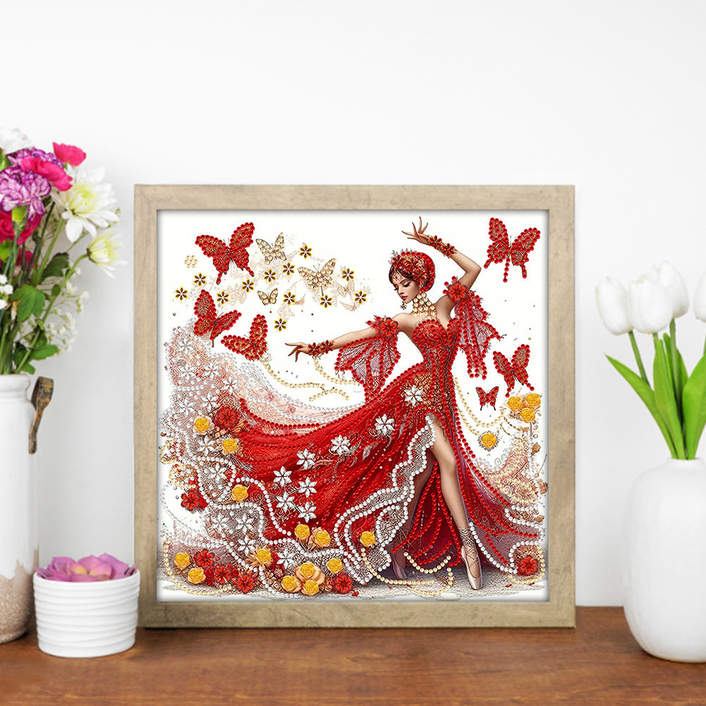 Dancing Girl In Red - Special Shaped Drill Diamond Painting 30*30CM