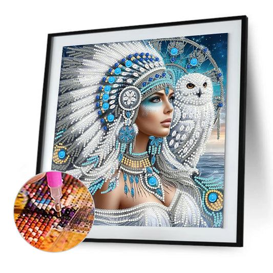 Indian Girl And White Owl - Special Shaped Drill Diamond Painting 30*30CM