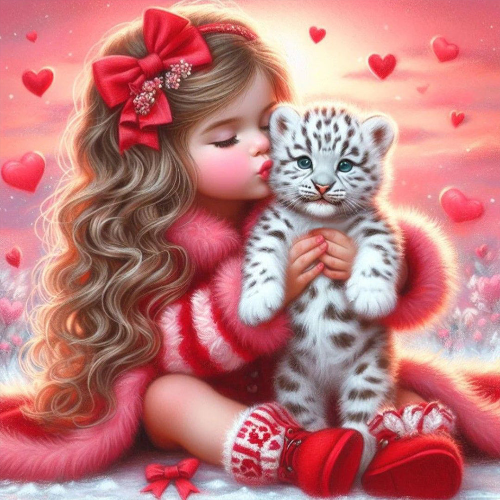 Love Girl And White Tiger - Full Round Drill Diamond Painting 40*40CM