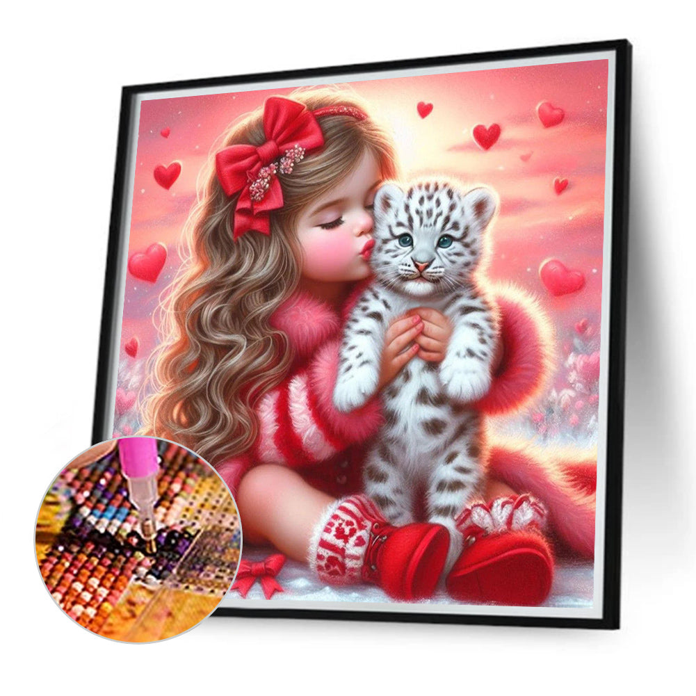 Love Girl And White Tiger - Full Round Drill Diamond Painting 40*40CM