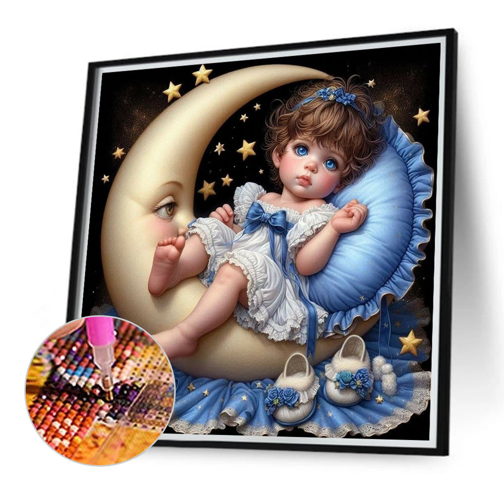Pajamas Girl And Moon - Full Round Drill Diamond Painting 40*40CM