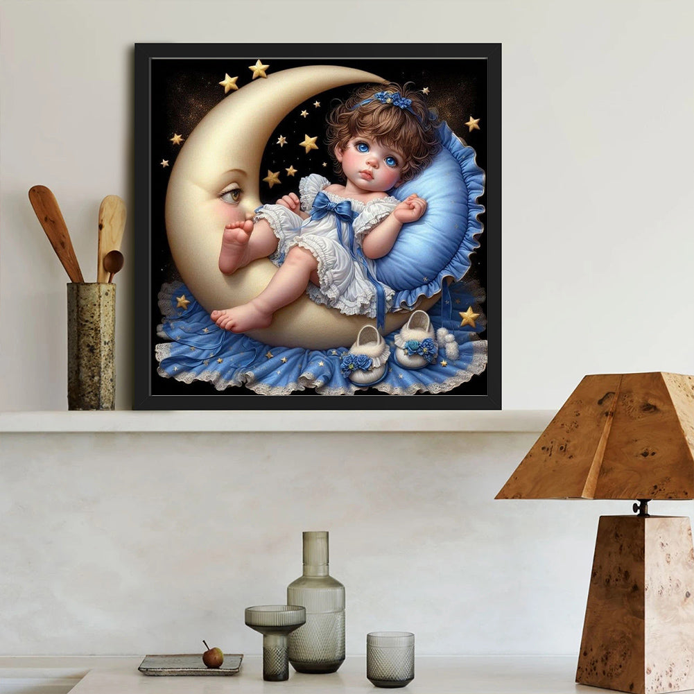 Pajamas Girl And Moon - Full Round Drill Diamond Painting 40*40CM