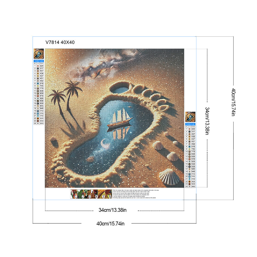Desert Footprints, Starry Sky, Sailboat - Full Round Drill Diamond Painting 40*40CM