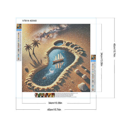 Desert Footprints, Starry Sky, Sailboat - Full Round Drill Diamond Painting 40*40CM