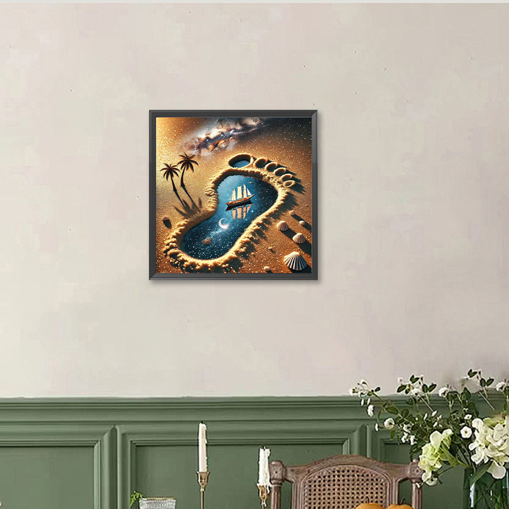 Desert Footprints, Starry Sky, Sailboat - Full Round Drill Diamond Painting 40*40CM