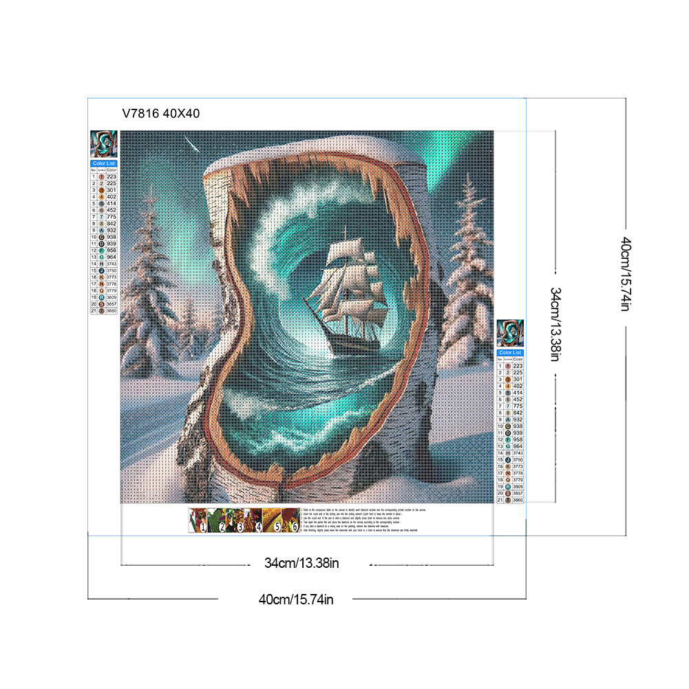 Snowy Night, Aurora, Waves, Sailboat - Full Round Drill Diamond Painting 40*40CM
