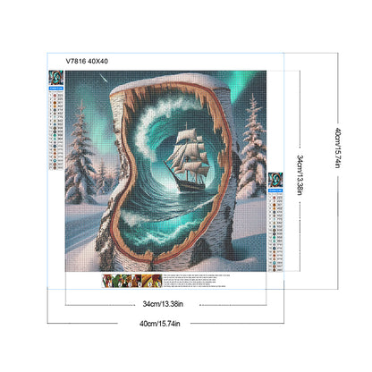 Snowy Night, Aurora, Waves, Sailboat - Full Round Drill Diamond Painting 40*40CM