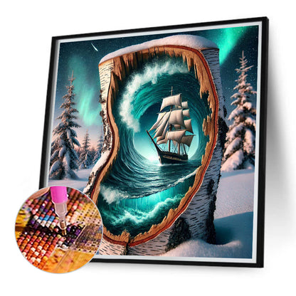Snowy Night, Aurora, Waves, Sailboat - Full Round Drill Diamond Painting 40*40CM