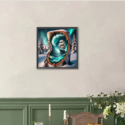 Snowy Night, Aurora, Waves, Sailboat - Full Round Drill Diamond Painting 40*40CM