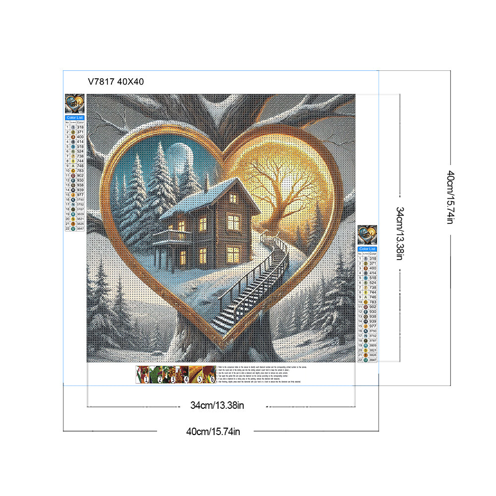 Love Tree Hole, Snowy Night, House - Full Round Drill Diamond Painting 40*40CM