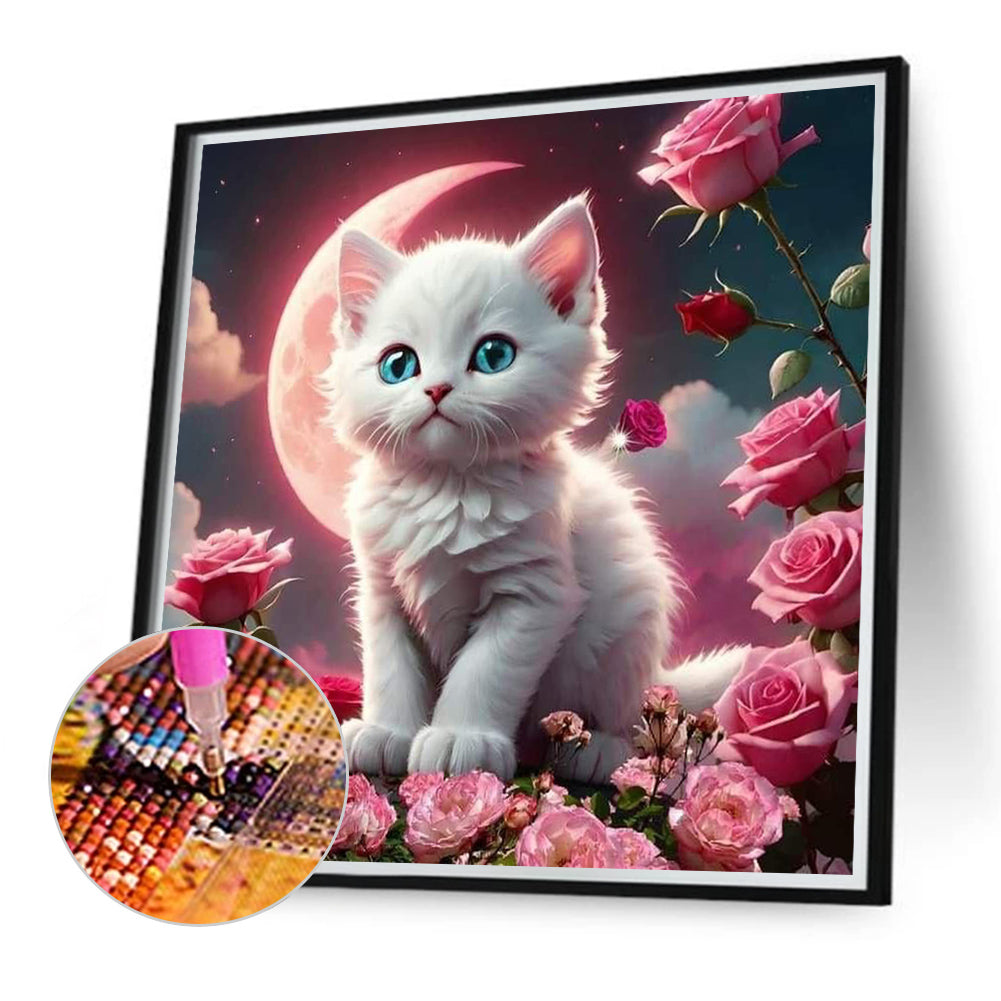 Blood Moon, White Cat - Full Round Drill Diamond Painting 40*40CM