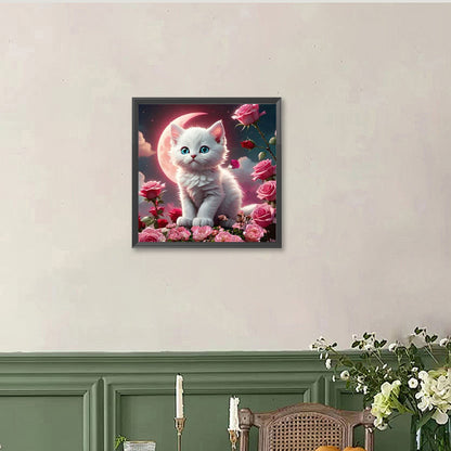 Blood Moon, White Cat - Full Round Drill Diamond Painting 40*40CM