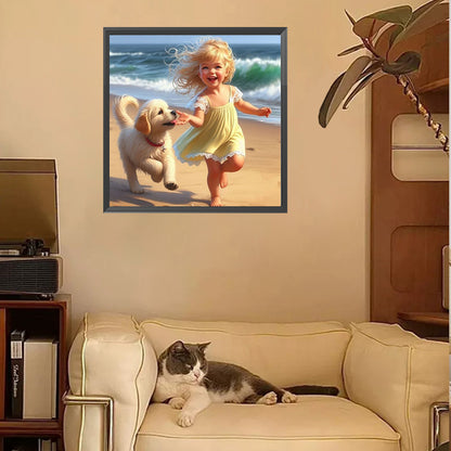 Little Girl Playing On The Beach In Summer - Full Square Drill Diamond Painting 30*30CM