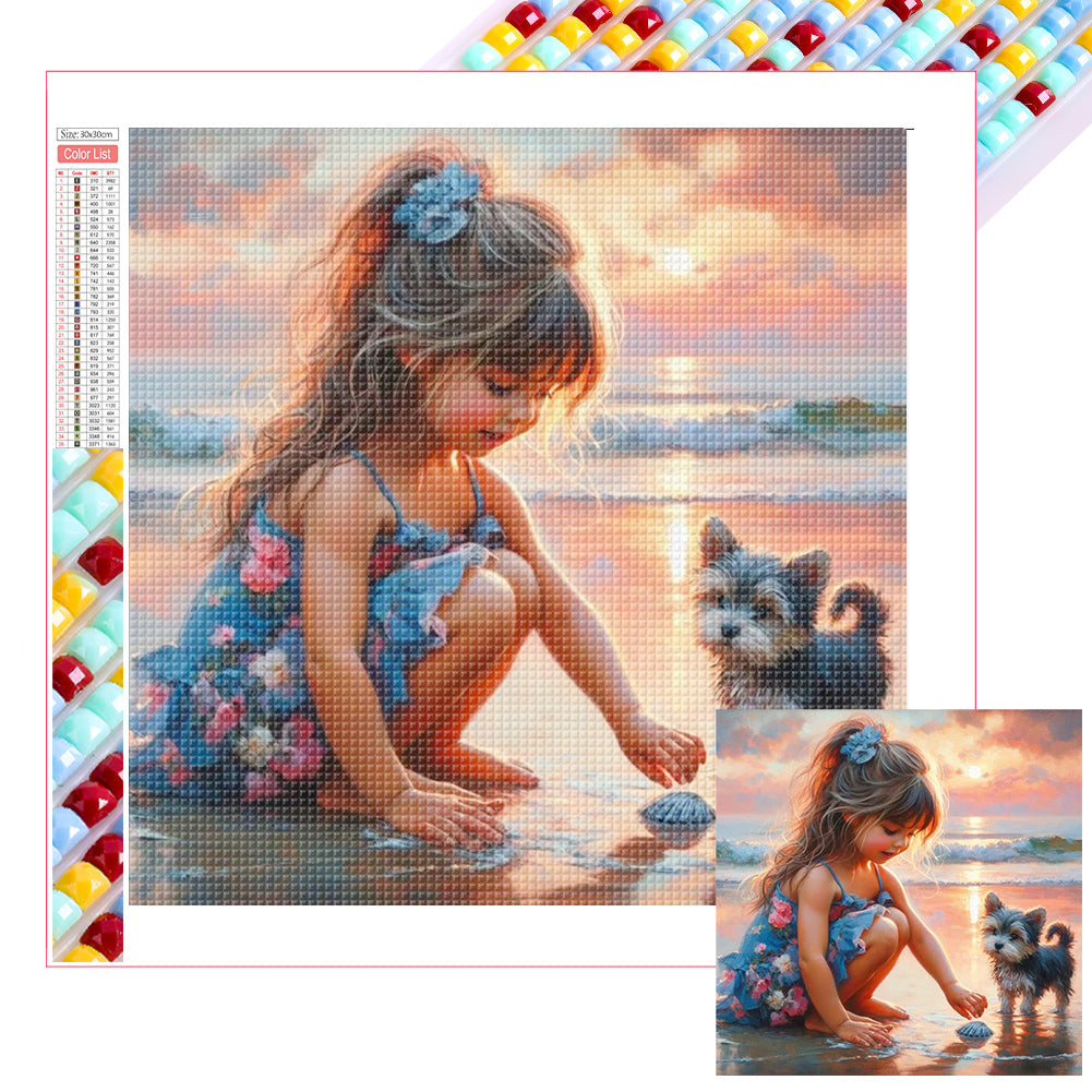 Little Girl Playing On The Beach In Summer - Full Square Drill Diamond Painting 30*30CM