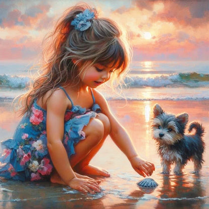 Little Girl Playing On The Beach In Summer - Full Square Drill Diamond Painting 30*30CM