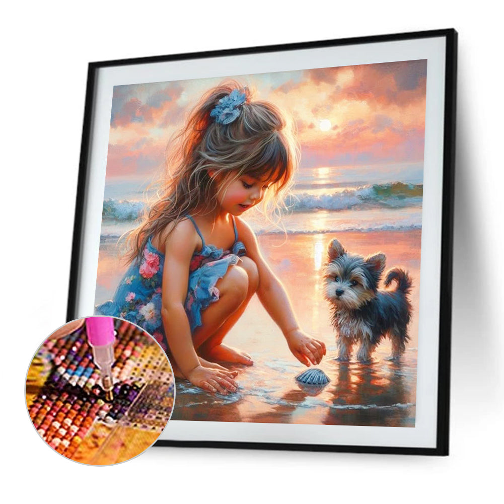 Little Girl Playing On The Beach In Summer - Full Square Drill Diamond Painting 30*30CM