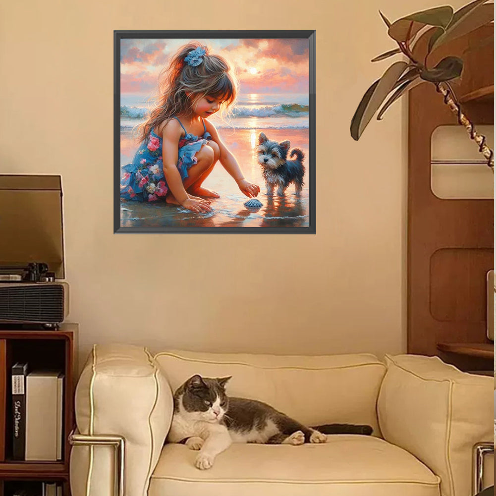 Little Girl Playing On The Beach In Summer - Full Square Drill Diamond Painting 30*30CM