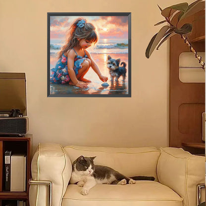 Little Girl Playing On The Beach In Summer - Full Square Drill Diamond Painting 30*30CM